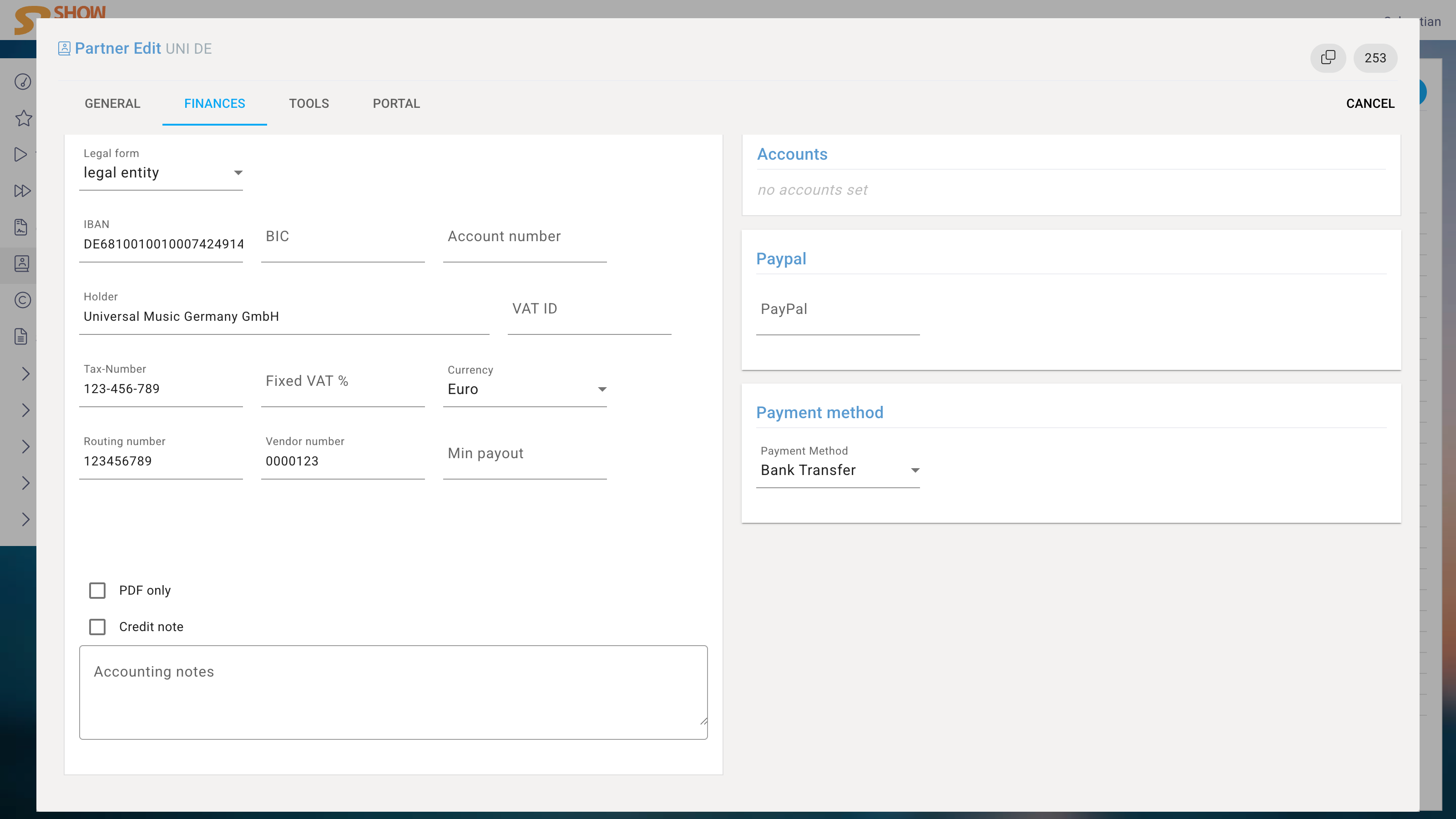 Partner Edit Finances