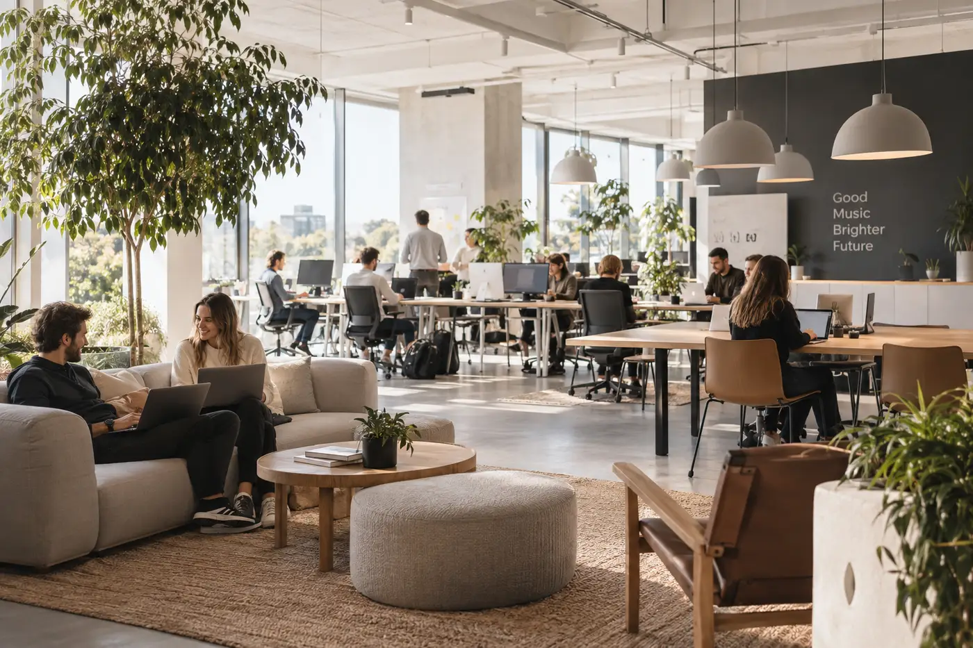 An open-plan office in daylight: people working at long desks, on sofas and at a standing wall, with the words Good Music Brighter Future painted on the far wall