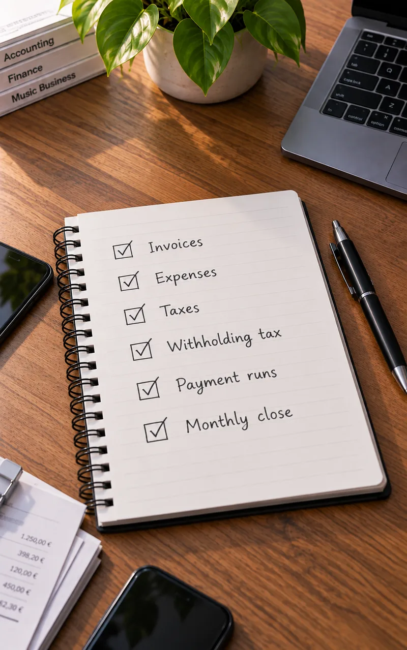 A desk with a checklist on a pad, every line ticked, beside books and a laptop