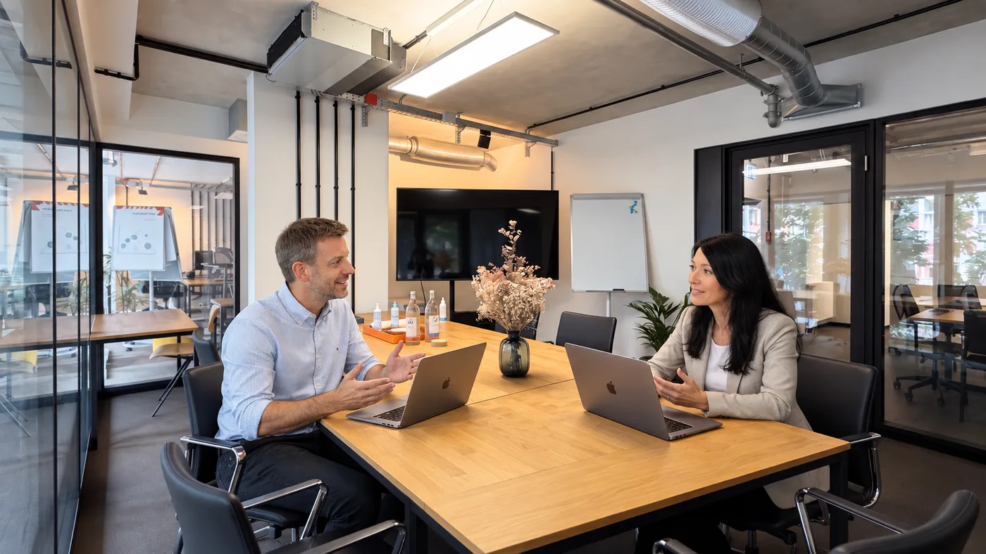 Sebastian Wolter and Liane Willinghöfer at the meeting-room table with laptops open, mid-conversation, the rest of the office visible through the glazed walls behind them