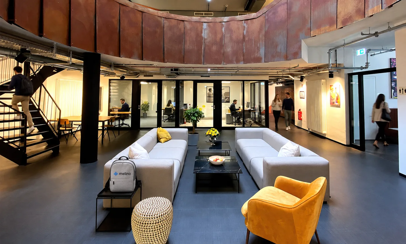 The melino floor on a working day: two long sofas facing each other under a curved steel gallery, a melino backpack on the side table, colleagues at desks behind the glazed wall and others crossing the room and climbing the stair