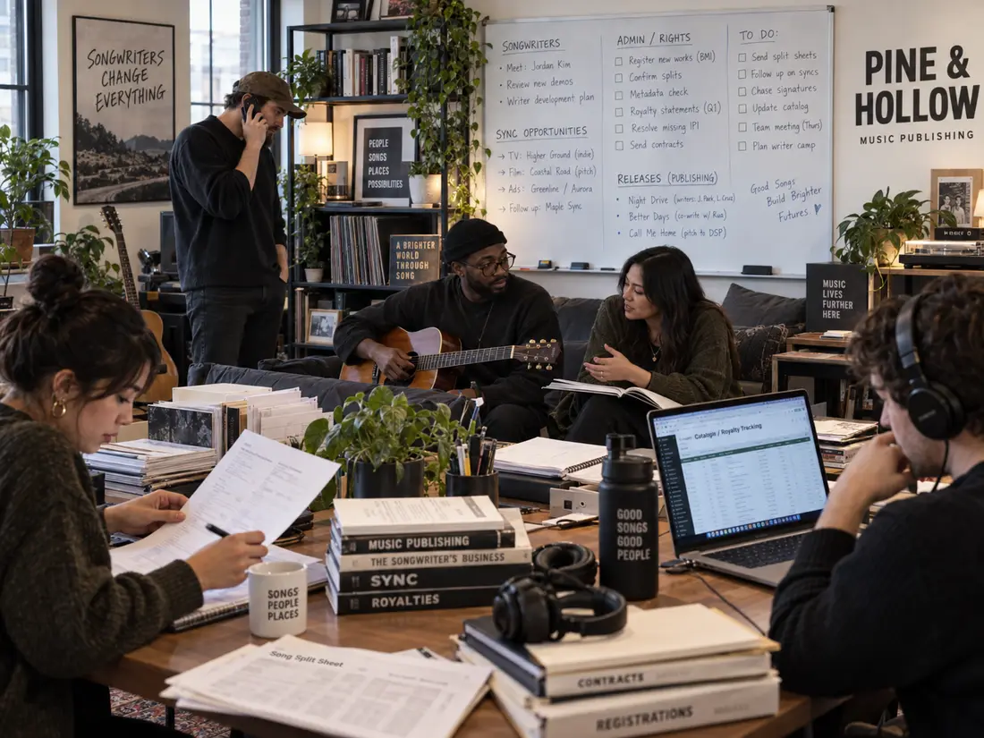 A publisher's writer room: one person reading a split sheet at a long table stacked with contracts and registrations, another at a laptop showing a royalty tracking sheet, and a writer with a guitar on the sofa beside a whiteboard of works to register