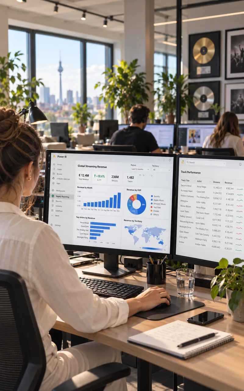 An analyst at a desk with two monitors, the month's figures on one and the line-by-line behind it on the other