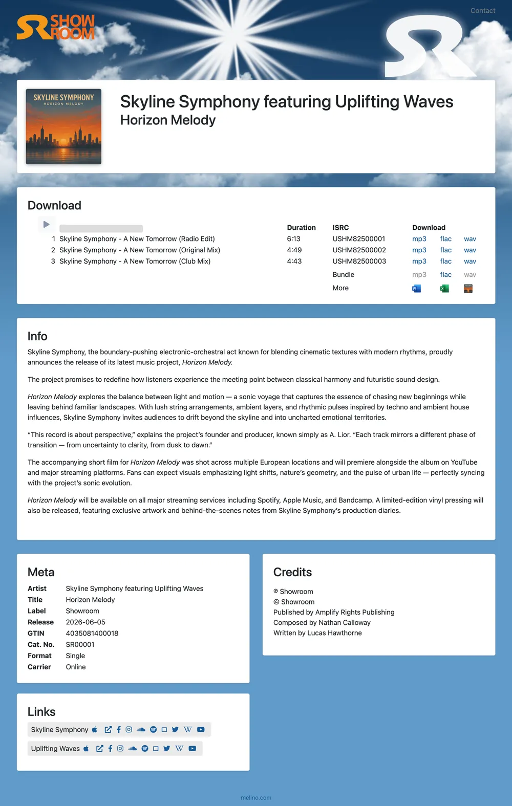 A release on its label copy page: cover art, title, a track list with download links, and the release information below