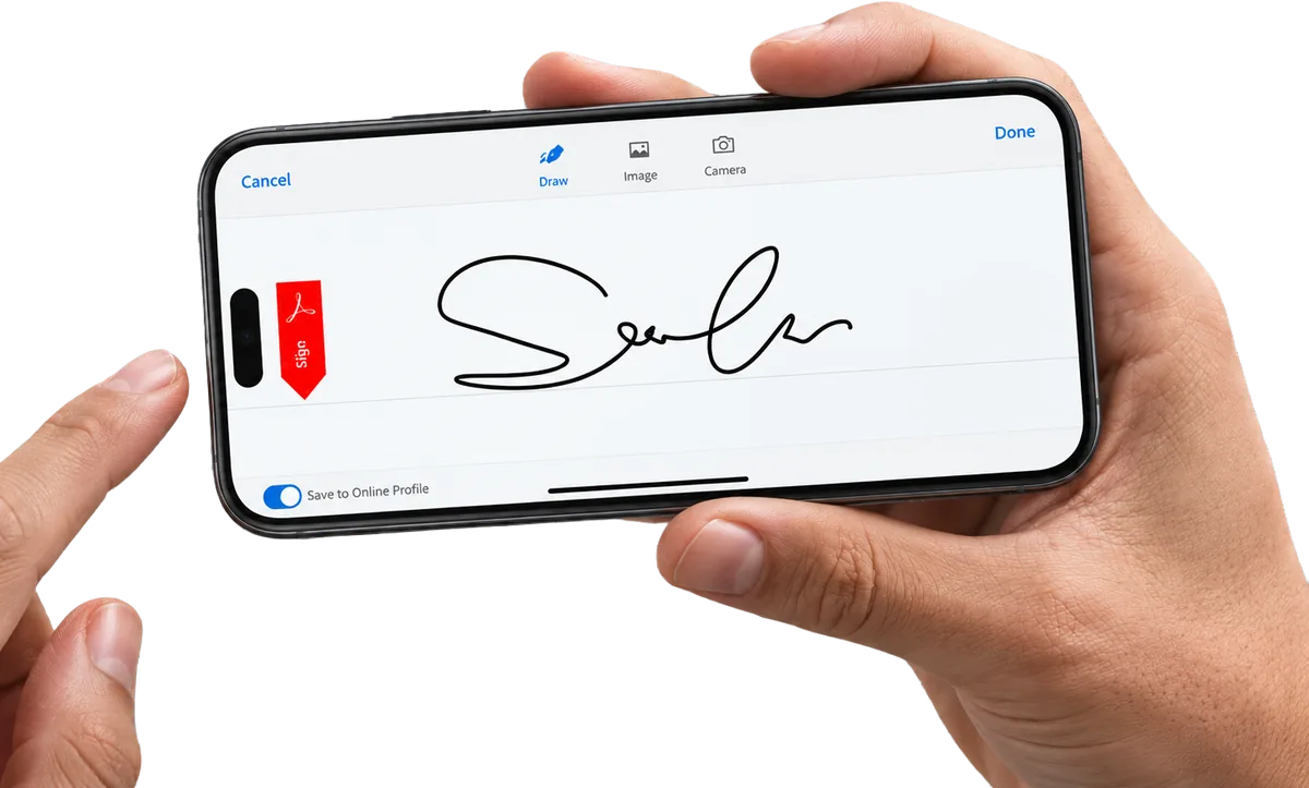 Two hands holding an iPhone in landscape, signing a contract on screen with a fingertip